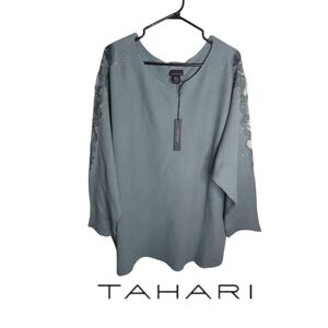 Tahari Green Embellished Sheer Bling Stretchy Sweater